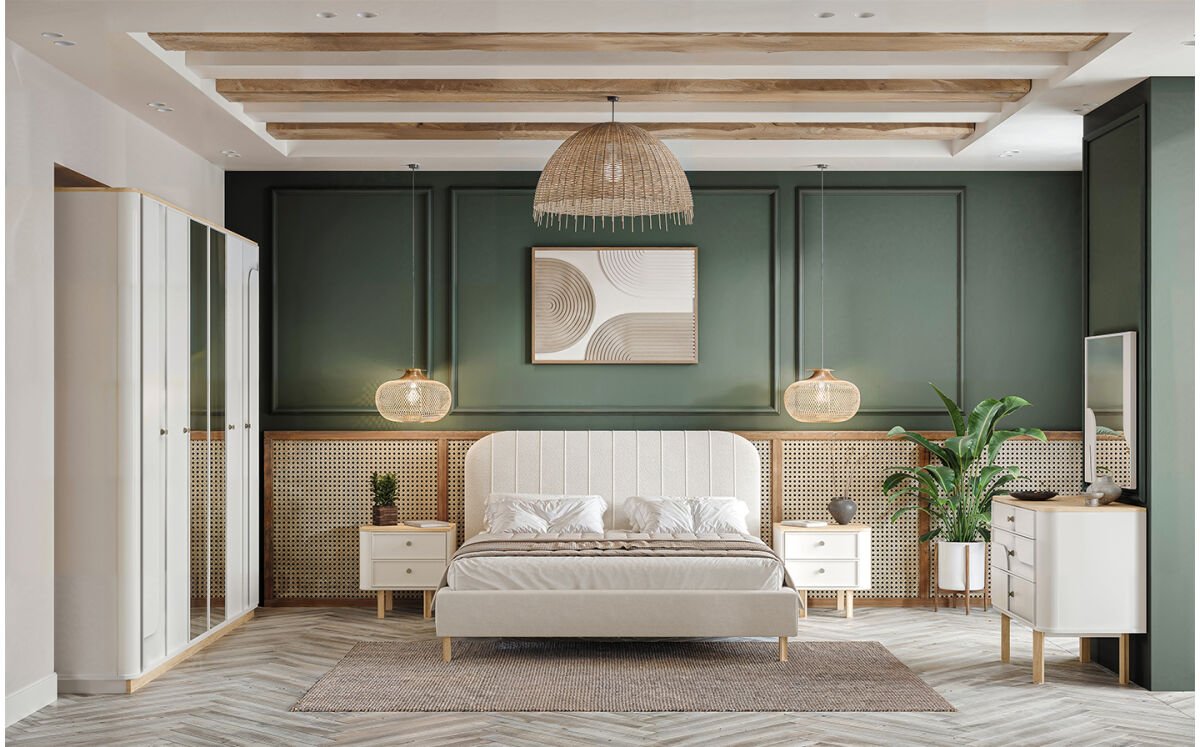 Спален комплект Скандинавски стил с легло, гардероб и шкафове