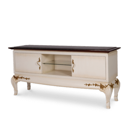 Класически ТВ шкаф в кремаво с позлатени детайли и тъмен плот