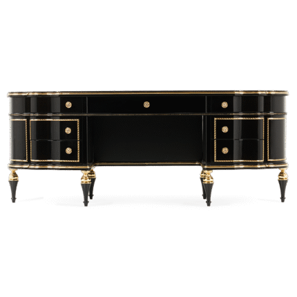 Величествено бюро в черен гланц с позлатени орнаменти и мраморен плот. Идеално за луксозен кабинет или стилен офис.