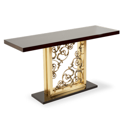 Луксозна конзолна маса със златна основа и тъмен плот – фронтален изглед