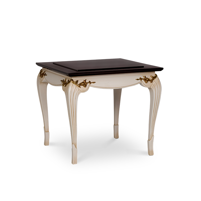 Помощна масичка с класически дизайн, позлатени акценти и тъмен дървен плот – стилна и функционална мебел за изискан интериор.