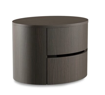 Модерно нощно шкафче с овална форма и две удобни чекмеджета. Подходящо за спалня или стилен интериор.